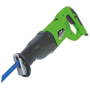 Green and black reciprocating saw with blue blade on a white background