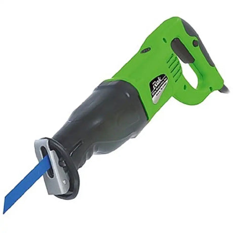Green and black reciprocating saw with blue blade on a white background