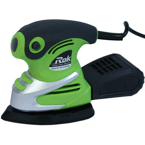 A 20V 4-star orbital sander with a green and black body, silver guard, and black sanding pad, shown on a white background with its power cord visible.