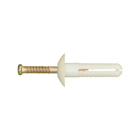White plastic anchor with gold metal screw on a white background