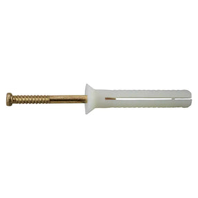 Screw with a white plastic head on a white background