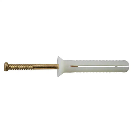 Screw with a white plastic head on a white background
