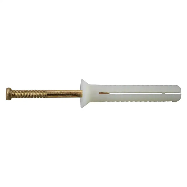 Screw with a white plastic head on a white background