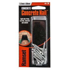Packaging of concrete nails with Ramset branding on a white background