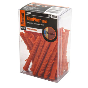 Packaged Ramset RamPlug LONG plastic wall plugs with clear front panel.