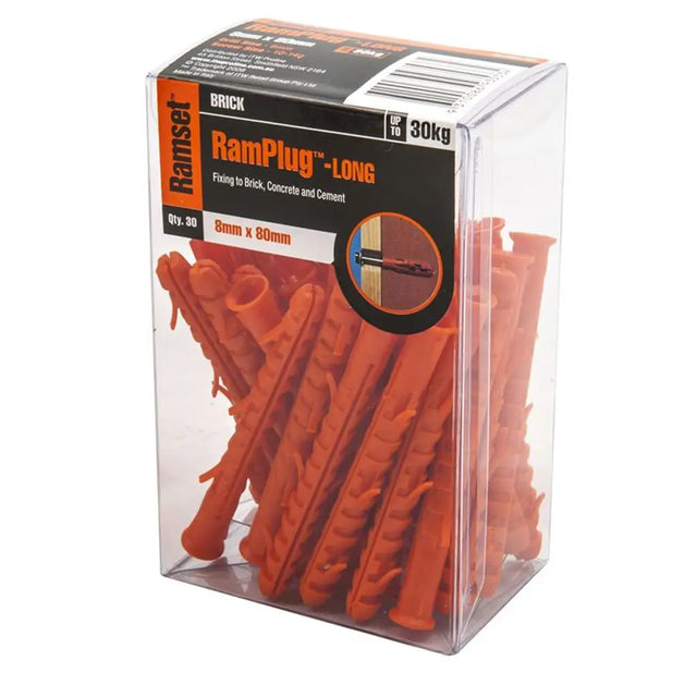 Packaged Ramset RamPlug LONG plastic wall plugs with clear front panel.