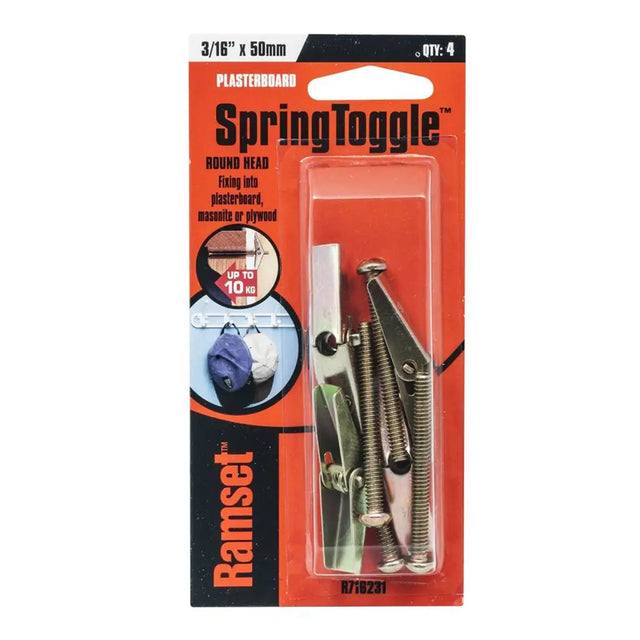 Packaged SpringToggle plasters with Ramset branding on an orange background