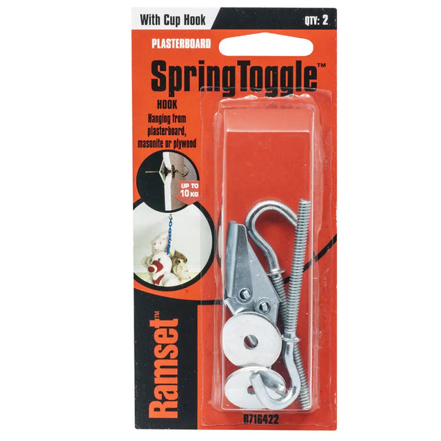 SpringToggle plasterboard hook packaging with Ramset branding on an orange background