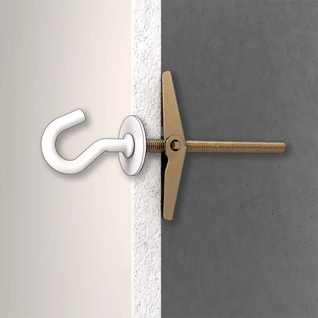 Metal hook and clamp on a white and gray background