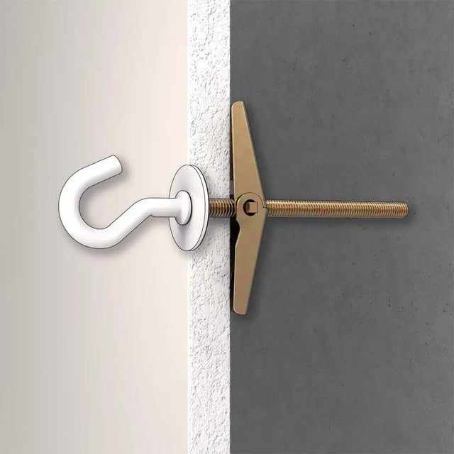 Metal hook and clamp on a white and gray background