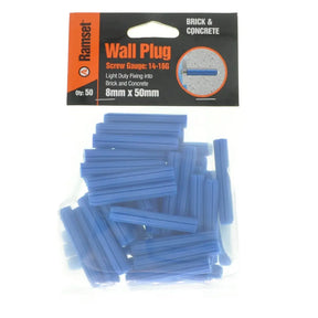 Pack of blue wall plugs with Ramset packaging on a white background