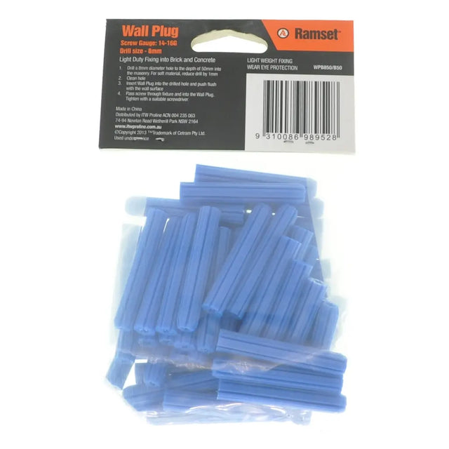 Pack of blue wall plugs with Ramset packaging on a white background