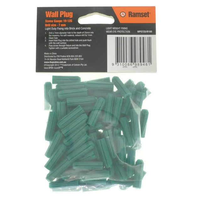 Pack of green wall plugs with Ramset packaging on a white background