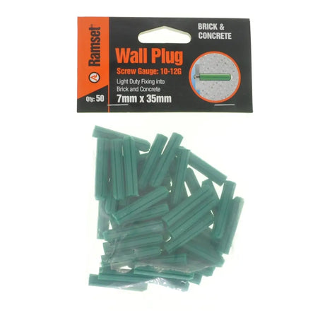 Pack of green wall plugs with Ramset packaging on a white background