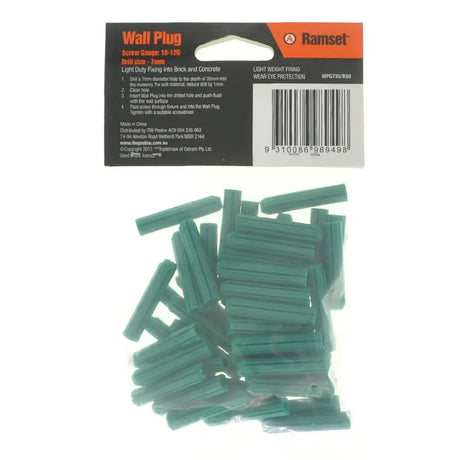 Pack of green wall plugs with Ramset packaging on a white background