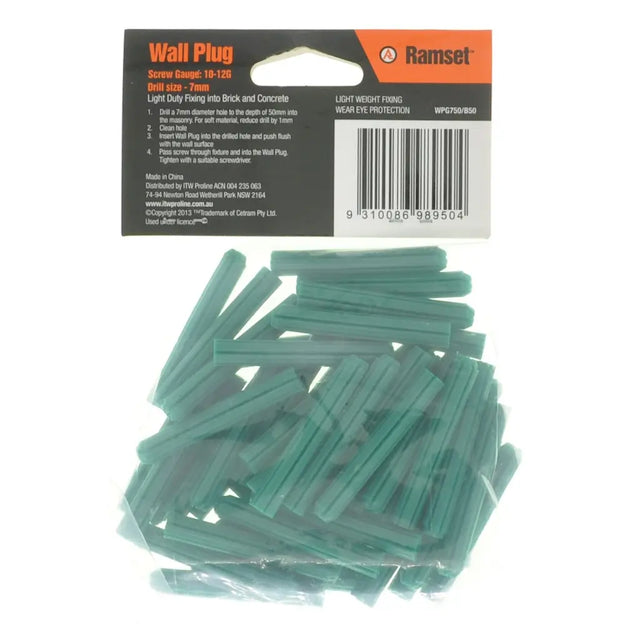 Pack of green wall plugs with Ramset branding on a white background