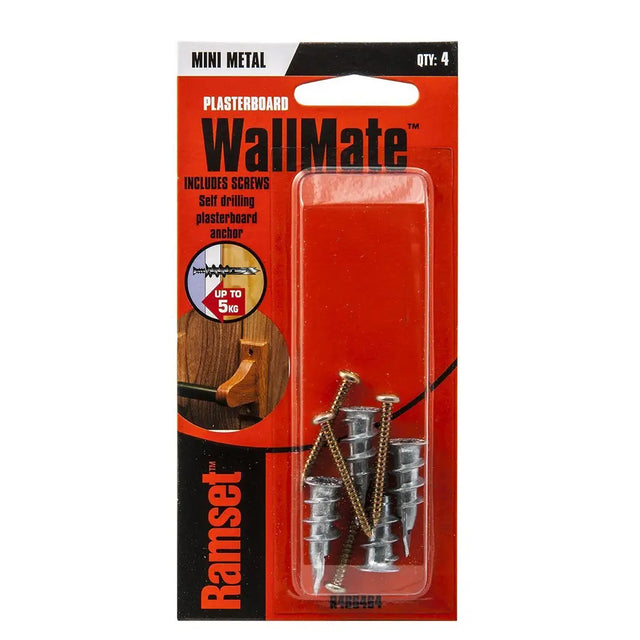 Packaged WallMate plasterboard anchors with screws on a white background