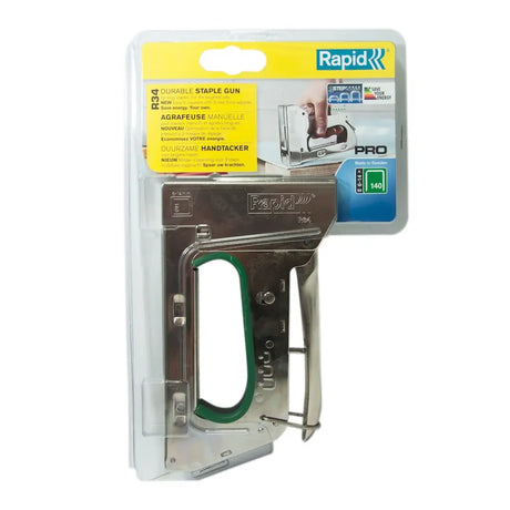 Staple gun in packaging with Rapid branding on a white background