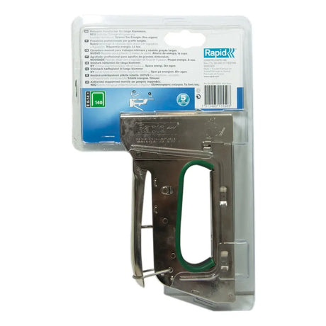 Tacker gun with green handle in clear packaging on a white background