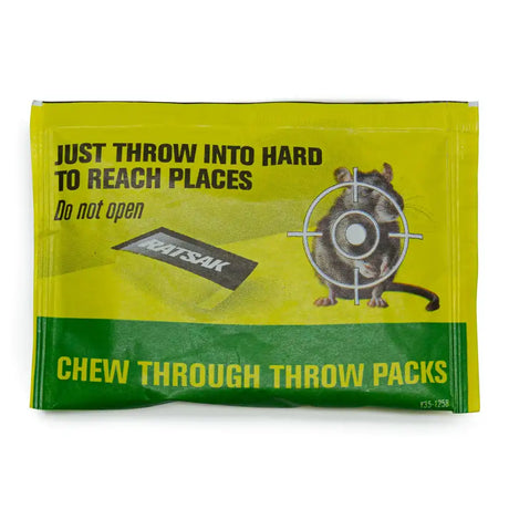 A single Ratsak Chew Through Throw Pack on a plain white background. The packaging is bright yellow-green with a dark green band at the bottom, featuring a cartoon rat with a target on its head, the text 'JUST THROW INTO HARD TO REACH PLACES Do not open', and 'CHEW THROUGH THROW PACKS' in yellow.