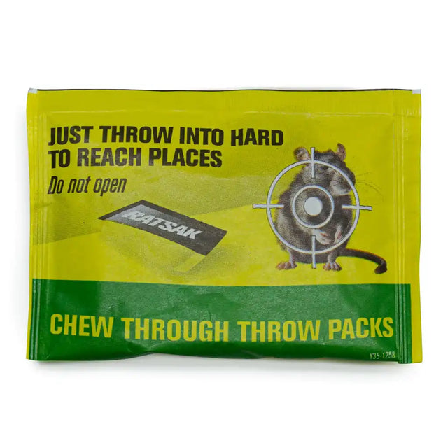 A single Ratsak Chew Through Throw Pack on a plain white background. The packaging is bright yellow-green with a dark green band at the bottom, featuring a cartoon rat with a target on its head, the text 'JUST THROW INTO HARD TO REACH PLACES Do not open', and 'CHEW THROUGH THROW PACKS' in yellow.
