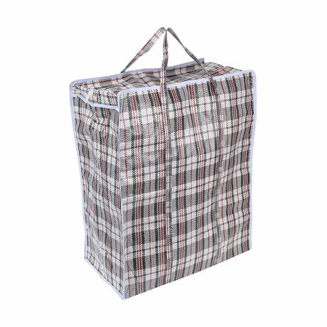 Plaid patterned laundry basket on a white background