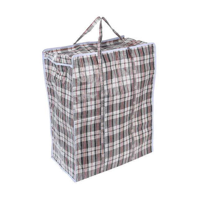 Plaid patterned laundry basket on a white background