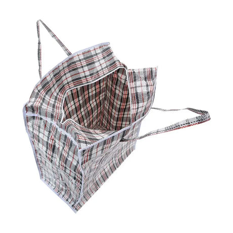 Plaid patterned bag with a mesh pocket on a white background