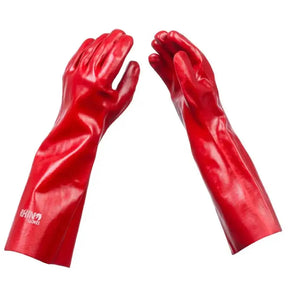 A pair of long, glossy red protective gloves with a white 'CHINA GUMEL' logo printed on the wrist, displayed against a solid white background.