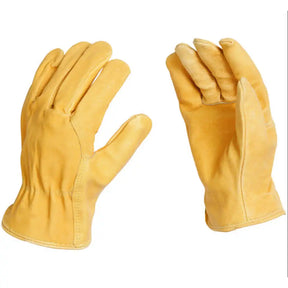 Pair of yellow leather gloves on a white background