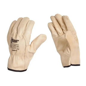 Pair of beige gloves with visible branding on a white background