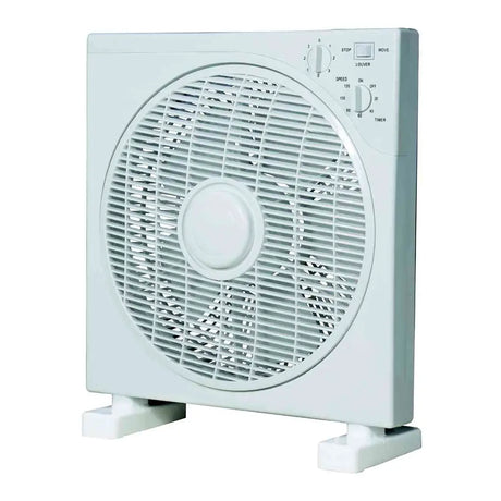 White box fan with control panel on a white background