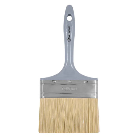 Paint brush with wooden bristles and gray handle on a white background