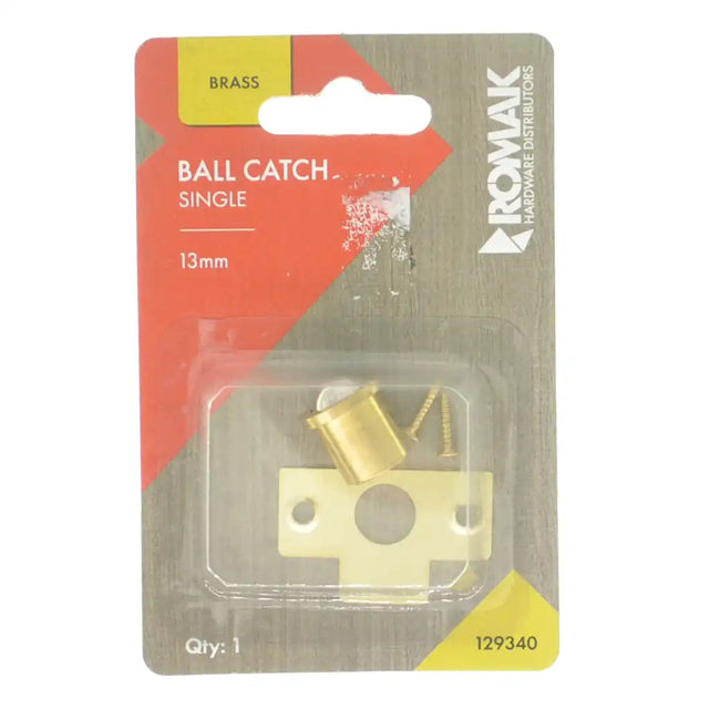 Brass ball catch in packaging with ROMAK branding on a white background