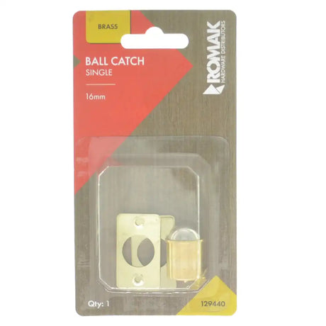 Brass ball catch packaging with clear window on a white background