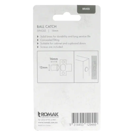 Packaging of a ball catch with dimensions and product details on a white background