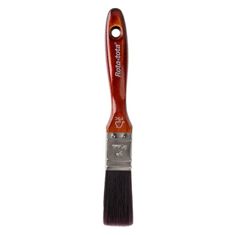 Paint brush with a brown handle and black bristles on a white background