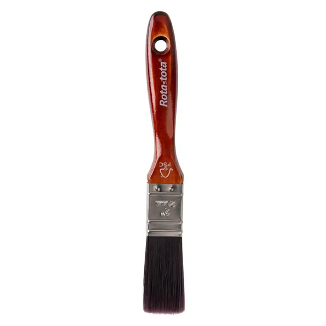 Paint brush with a brown handle and black bristles on a white background