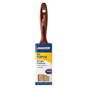 Paint brush with wooden handle and Rolo Cote packaging on a white background