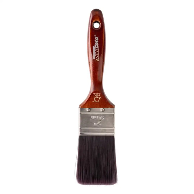 Paint brush with wooden handle and black bristles on a white background