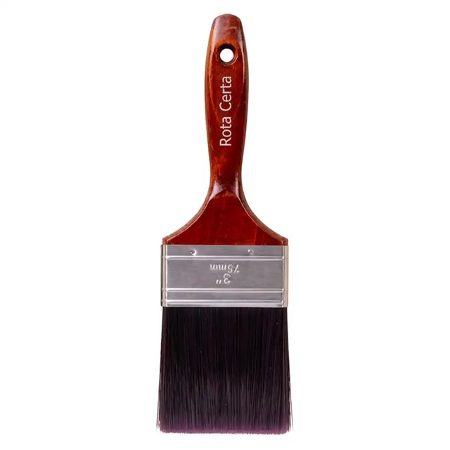 Paint brush with wooden handle and black bristles on a white background