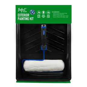 Exterior painting kit with roller and tray in packaging on a white background
