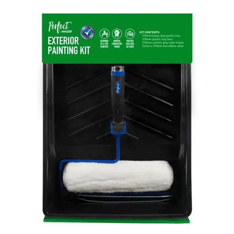 Exterior painting kit with roller and tray in packaging on a white background