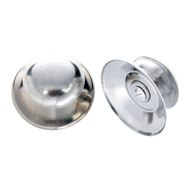 Two silver door knobs on a white background