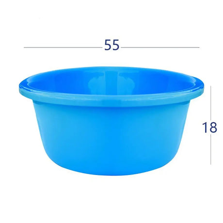 Blue plastic basin with dimensions labeled on a white background