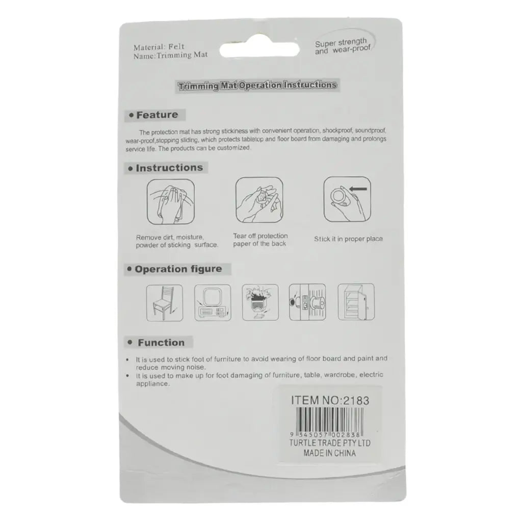 Back of a packaging for a trimming mat with instructions and branding details.