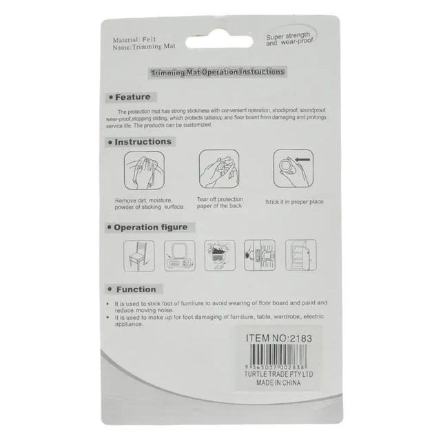 Back of a packaging for a trimming mat with instructions and branding details.