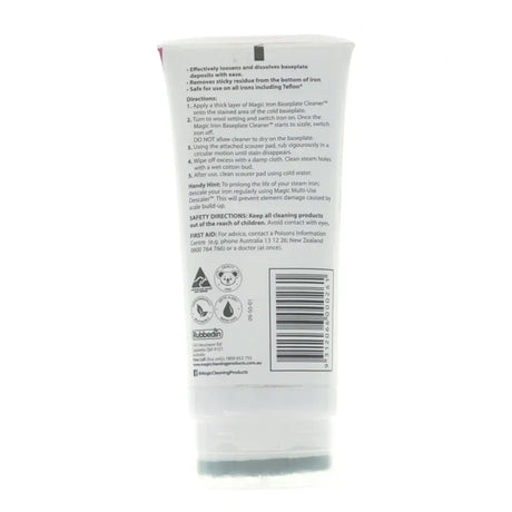 Back of a cleaning product packaging with text and symbols on a white background