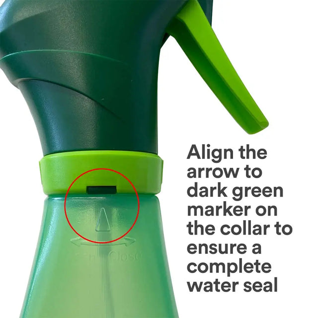 Green spray bottle with text and red circle indicating alignment for a complete water seal.
