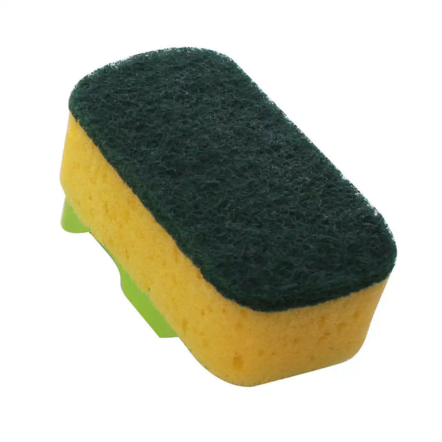 Yellow and green scrubber with a textured surface on a white background